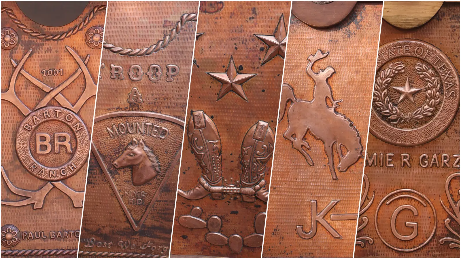 Custom copper plate models for saddle stands, featuring handcrafted engravings of logos, initials, and ranch brands.