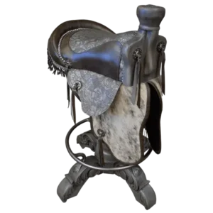 Bar Stool: 180° Swivel Floral‑Embossed Grey Saddle & Cowhide