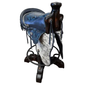 Bar Stool: 180° Swivel Saddle in Blue Leather & Exotic Cowhide