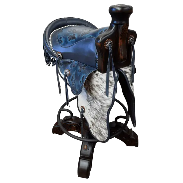 Bar Stool: 180° Swivel Saddle in Blue Leather & Exotic Cowhide