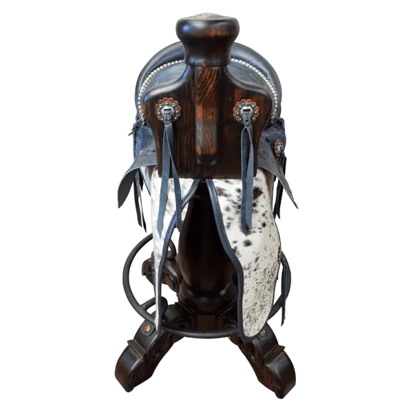 Bar Stool: 180° Swivel Saddle in Blue Leather & Exotic Cowhide