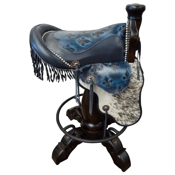 Bar Stool: 180° Swivel Saddle in Blue Leather & Exotic Cowhide