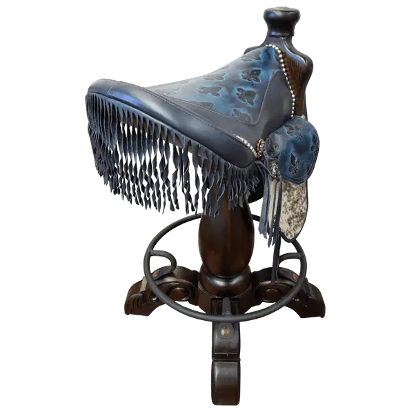 Bar Stool: 180° Swivel Saddle in Blue Leather & Exotic Cowhide