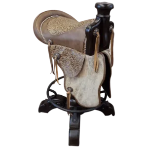 Bar Stool: Floral‑Embossed Leather & Cowhide Saddle