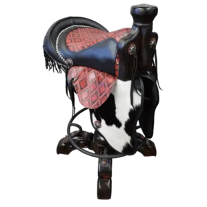 Bar Stool: Handcrafted Western Saddle with Red Diamond‑Embossed Leather & Cowhide