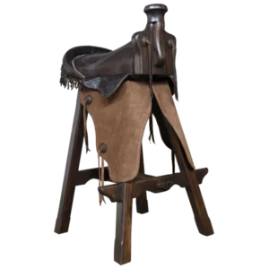 Bar Stool: Rancho Saddle in Dark Full‑Grain Leather & Suede Chap Fenders