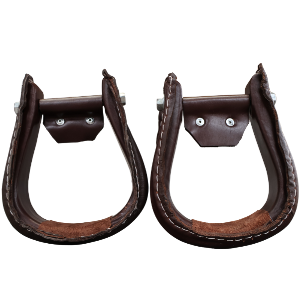 Front view of leather stirrups showing overall shape