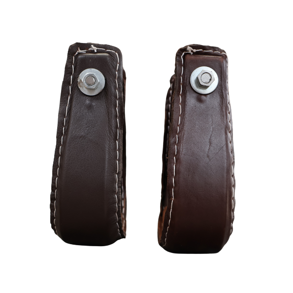 One front one side view of leather stirrups showing craftsmanship