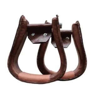 Leather Stirrups front view showing handmade craftsmanship and western style